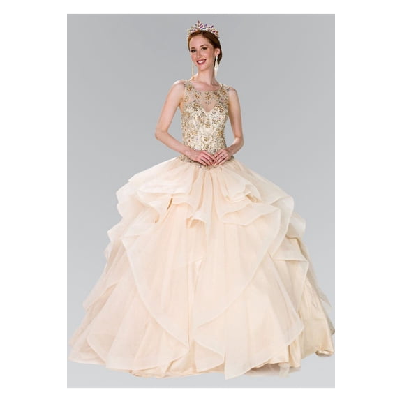 Women's Elizabeth K Beaded Illusion Ballgown With Bolero Gl2378 Champagne Goldish Beige Size XL