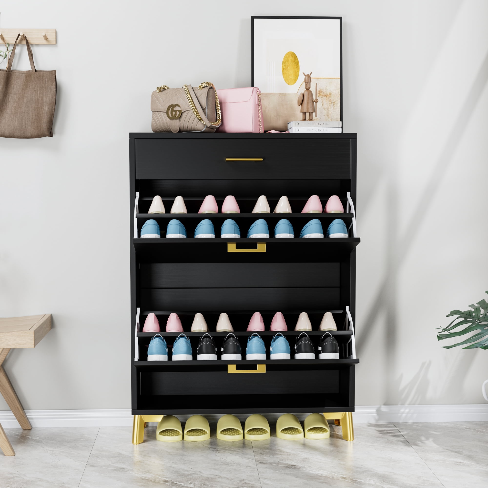 Shoe Storage Cabinet for Entryway, Free Standing Shoe Rack Organizer with 2 Flip Drawers, Hidden Shoe Rack Storage Organizer for Doorway Hallway Closet