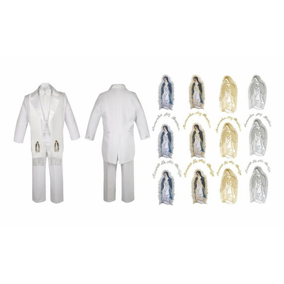 Boy Kid Baby Christening Baptism White Tail Suit Mary Maria Guadalupe Stole Sm-7
