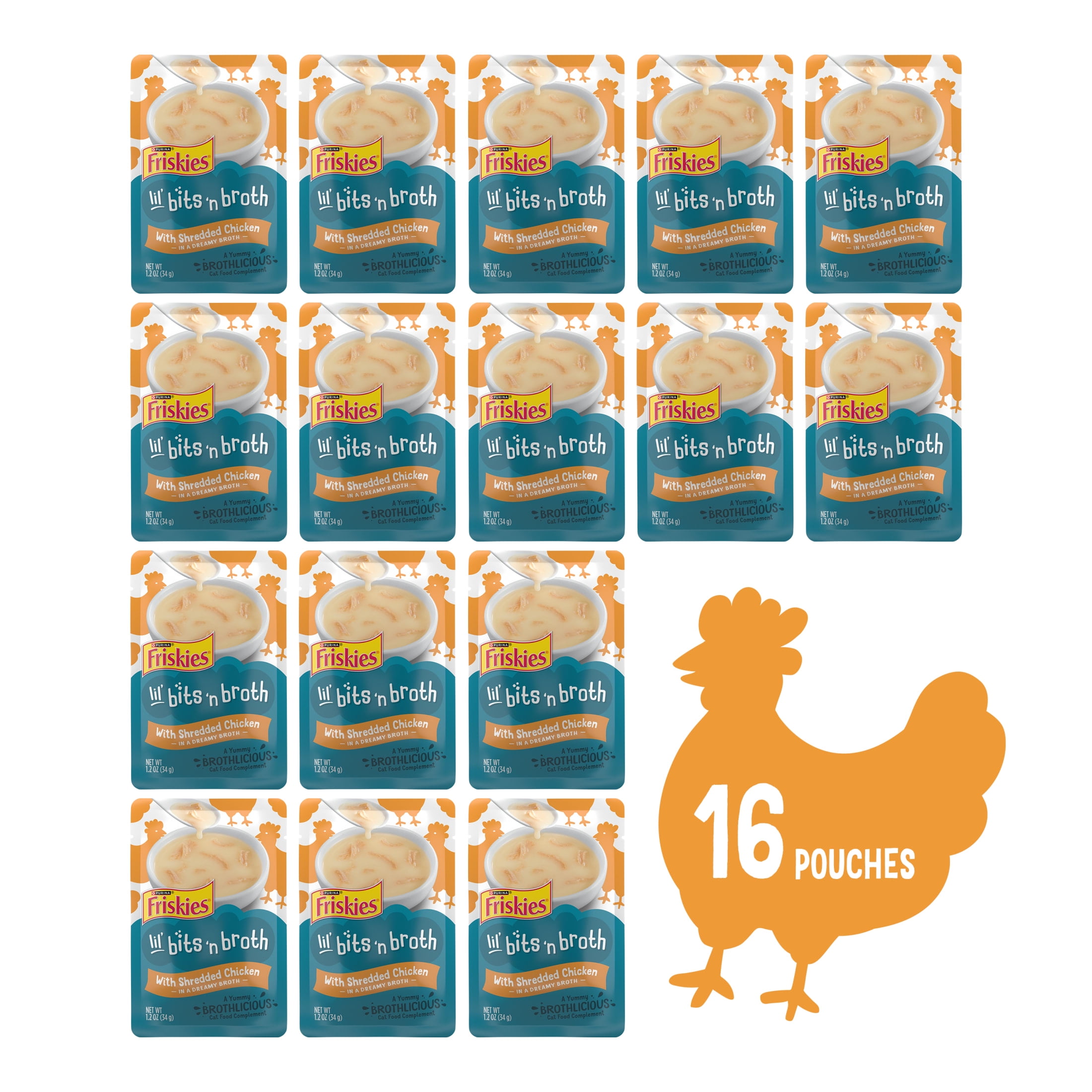 Purina Friskies Lickable Cat Treats Lil' Bits ‘n Broth with Shredded Chicken in a Dreamy Broth Cat Food Toppers, 1.2 oz Pouches, 16 Pack