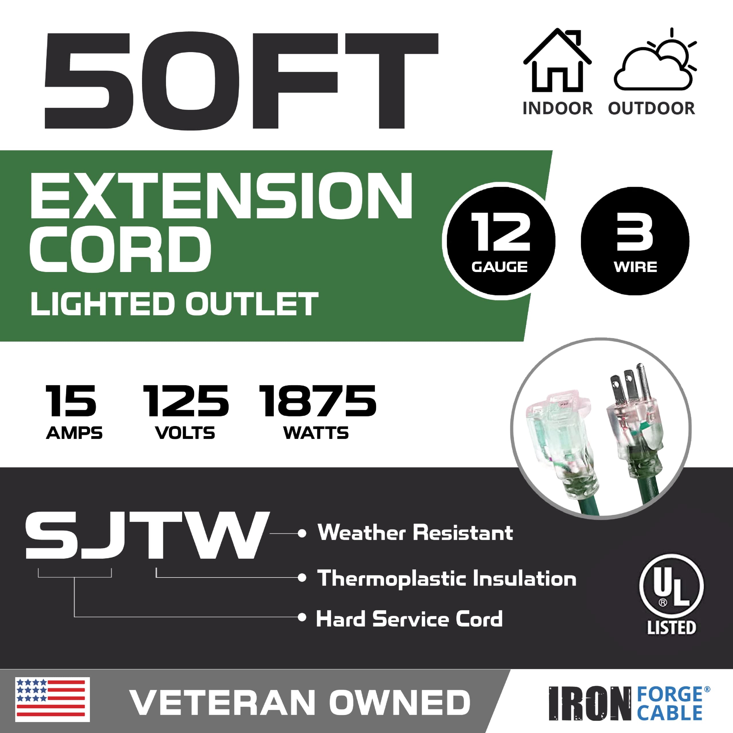 Iron Forge Cable 50 Foot Outdoor Extension Cord,12/3 SJTW Heavy Duty Green Extension Cable with 3 Prong 50 ft, Weatherproof Cord for Major Appliances, Landscaping, Gardens & Outdoor Lights Decoration