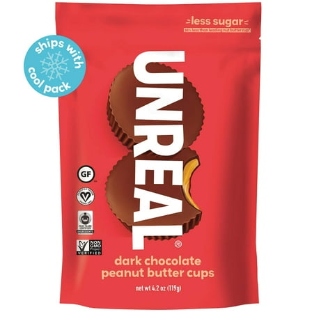 UNREAL Dark Chocolate Peanut Butter Cups | 5g Sugar | Certified Vegan, Gluten Free, Fair Trade, Non-GMO | No Sugar Alcohols or Soy | 6 Bags