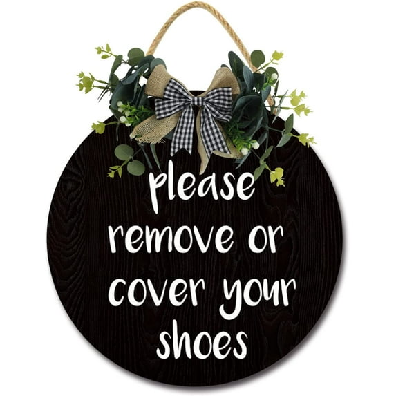 Eveokoki 12" Door Sign Welcome Wood Plaque with Buffalo Check Plaid Bow Please Remove Your Shoes Sign for All Seasons Farmhouse Home Front Porch Door Decoration
