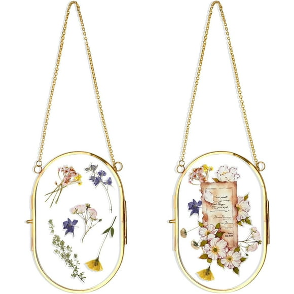 shiyou-2PCS Hanging Pressed Flower Frame, Double Glass Frames for Pressed Flowers Floating Frame, Oval Metal Gold Vintage Photo Frame for DIY Wall Display Artwork Photo Specimen(4×6 inches)