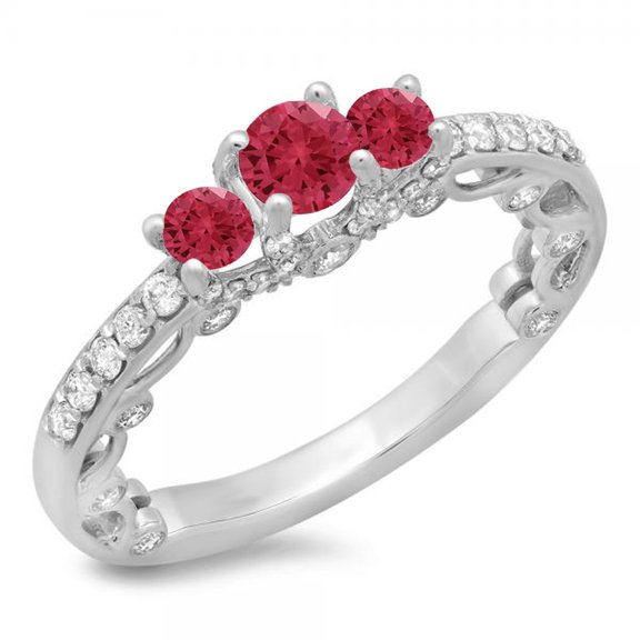 Dazzlingrock Collection 14K Round Ruby & White Diamond Ladies Bridal Vintage 3 Stone Engagement Ring, White Gold, Size 9
