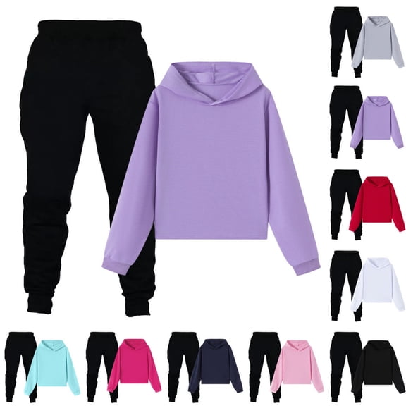 Eltusu Girls Winter Outfit Sets, Solid Color Cotton Long Sleeve Elastic Waist Hoodies and Sweatpants Sets Purple Size 3-14 T