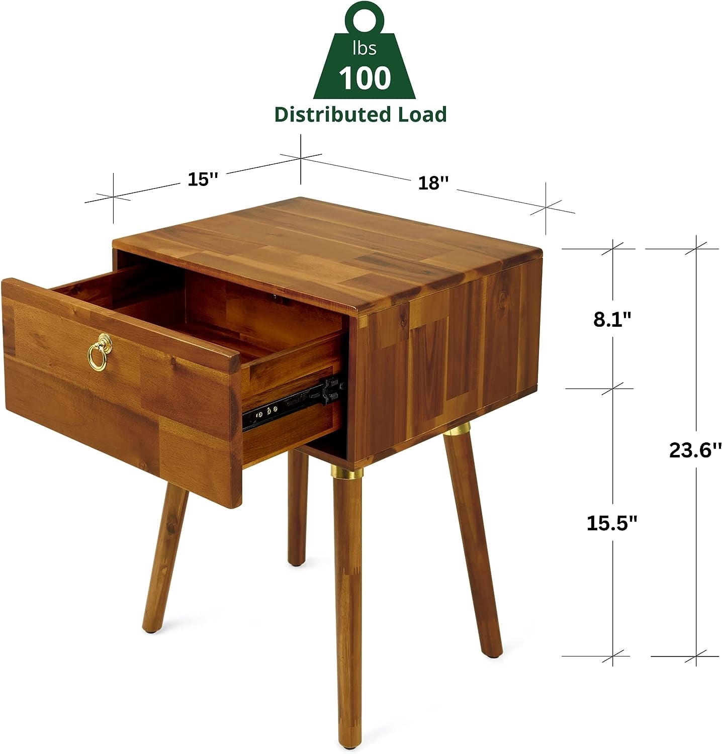 Ledan Nightstand, Modern Style, Solid Acacia Wood, Caramel