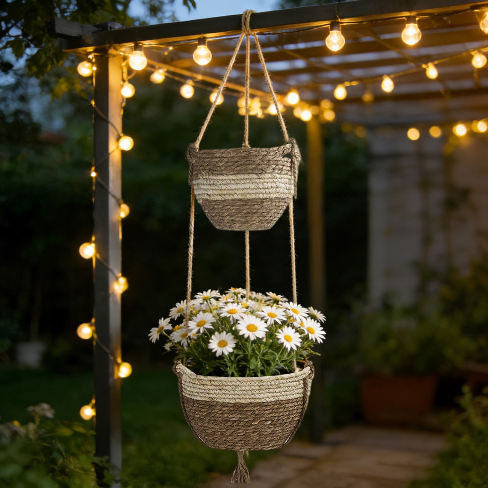 Gytml 2-Tier Hanging Planter, Handwoven Seagrass Basket For Indoor Plants, Boho Decor Hanger Woven Planter For Home Garden Display A-25x25x16cm