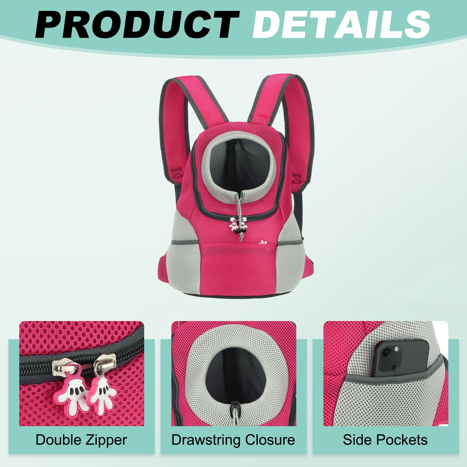 Uxcell Dog Backpack Carrier, Head Out Design, Front Chest Pet Hiking Carrying Bag for Cats or Small Dogs Up to 11lbs, Intended for Hiking / Camping / Traveling (Rose Red, 12"x8"x16")