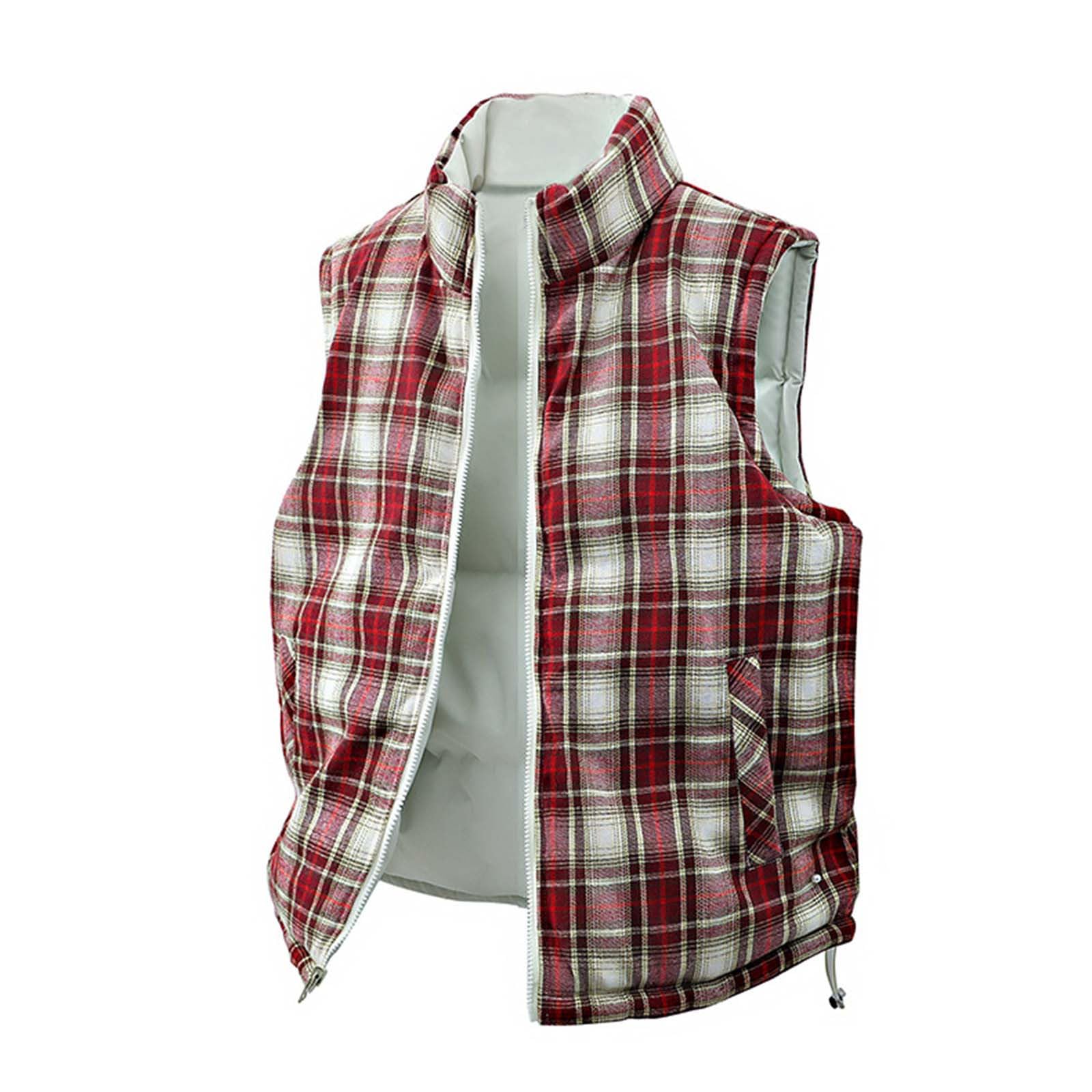 TrdSipl Men Plaid Double-Sided Vest Sleeveless Stand Collar Zipper Up Waistcoat Outdoor Thermal Jacket Coat Vest for Indoor Outdoor Hunt Camp