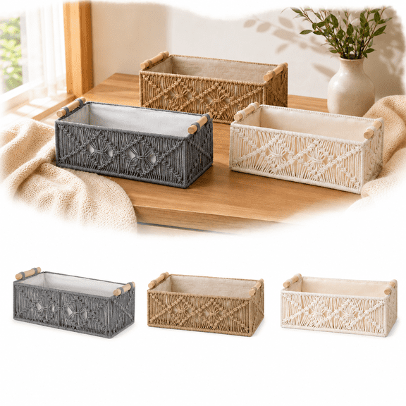 Macrame Woven Storage Basket Gray Wooden Handles Rectangular Organizer Bathroom Decor for Toilet Paper Cosmetics Home Styling