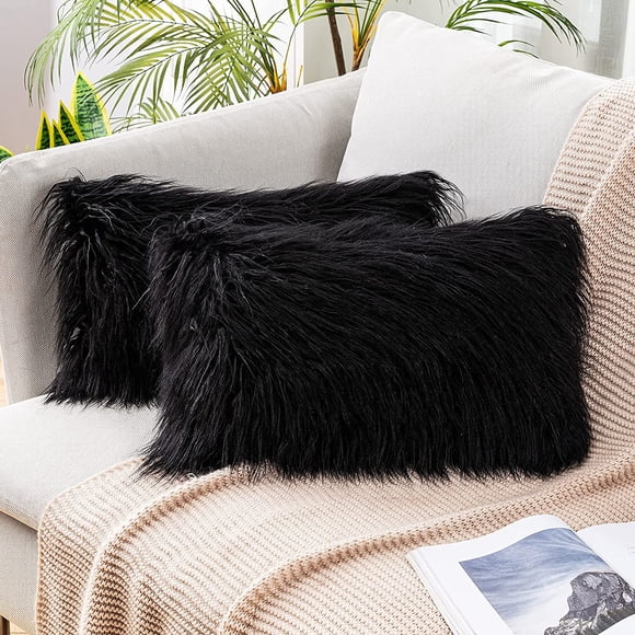 Lot de 2 Housses de Coussin Décoratives Nouvelle Série de Luxe Style Fausse Fourrure pour Canapé Chambre Voiture 12 x 20 Pouces Noir
