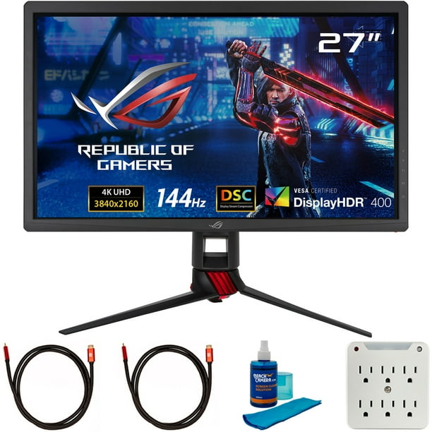 Asus 90lm05a0 B013b0 Rog Strix Xg27uq 27 Inch 4k Uhd 3840x2160 144hz Hdr Dsc Gaming Monitor Bundle With 2x 6ft Universal 4k Hdmi 2 0 Cable Universal Screen Cleaner And 6 Outlet Surge Adapter