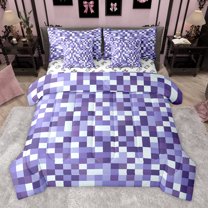 Homewish Modern Abstract Geometric 7pcs Bedding Comforter Set,Pixel Buffalo Queen Bedding Sets,Purple Chrckered Plaid Queen Sheet Sets For Teens,Luxury Bedroom Decor Reversible