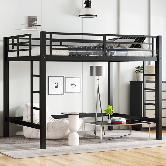 YDSM Full Size Metal Loft Bed, Loft Bed with Easy Climbing Ladder and Guardrails , Black