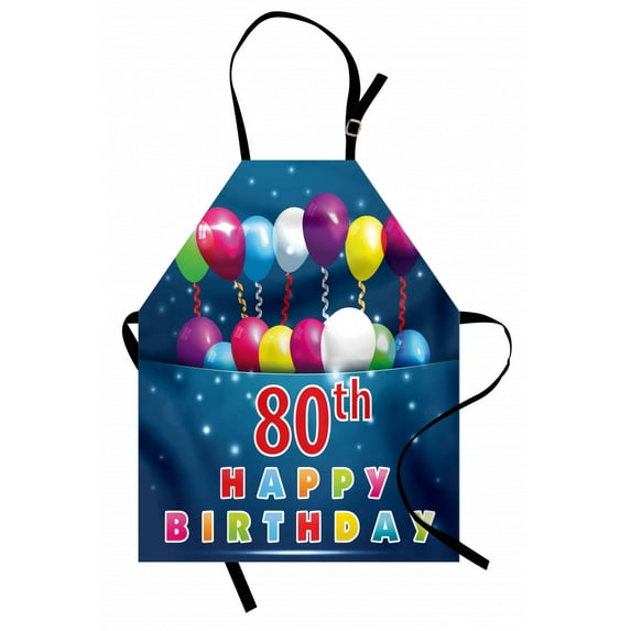 80th Birthday Apron Happy Birthday Quote with Colorful Baloons on Blue Colored Backdrop Image, Unisex Kitchen Bib Apron with Adjustable Neck for Cooking Baking Gardening, Multicolor, by Ambesonne