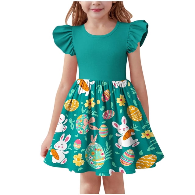 Robe de Pâques pour Fille, Robe à Manches Volantées et Col Rond pour Tout-Petit pour le Printemps et l'Été, Robe Décontractée de Fête pour Enfants avec Imprimé Charmant, Tenues pour Enfants pour le Quotidien, les Rassemblements des Fêtes et les Photos