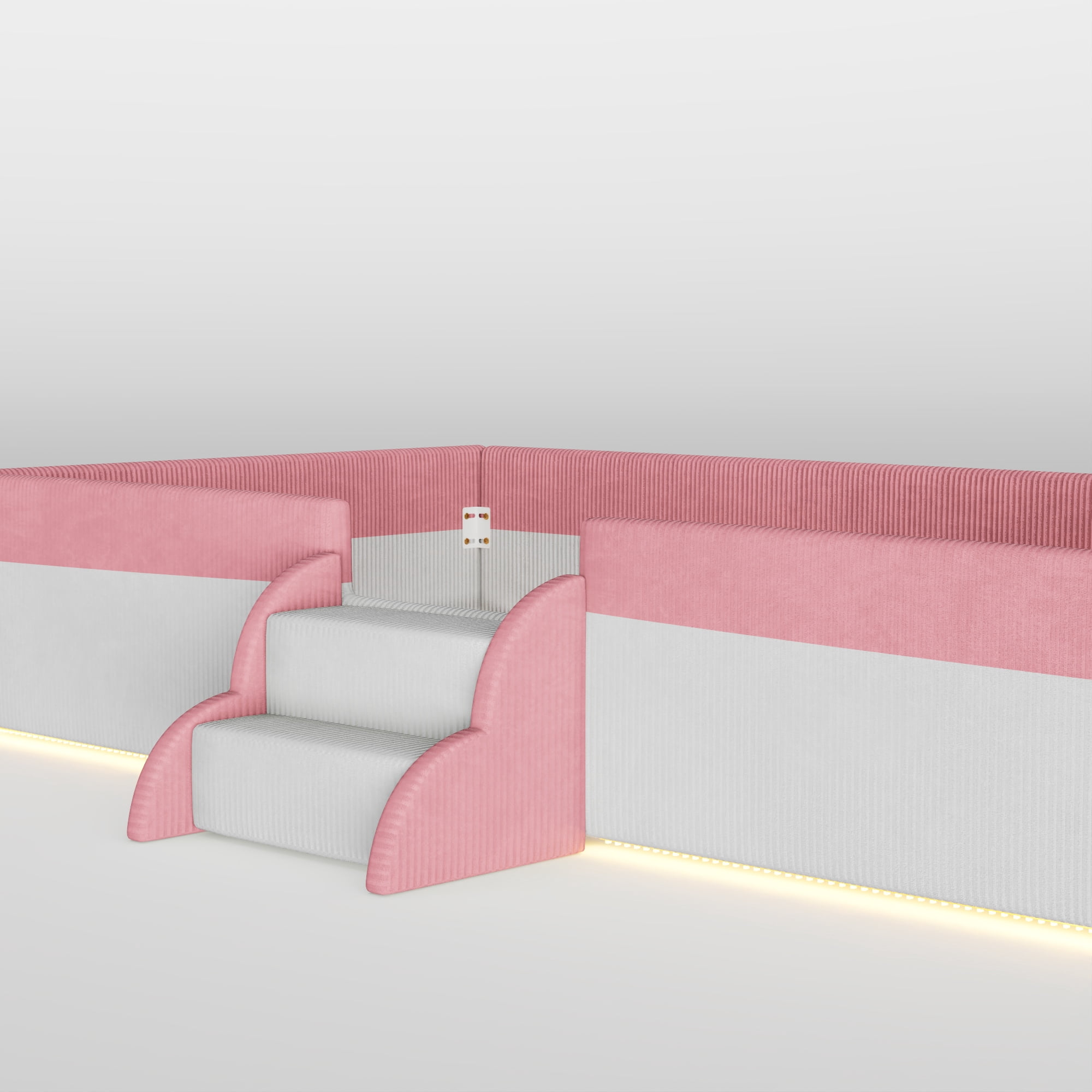Howcool Full Size Corduroy Upholstered Floor Bed with Fence and Smart LED Lights,2-Tier Steps Platform Bed Frame,Pink+White