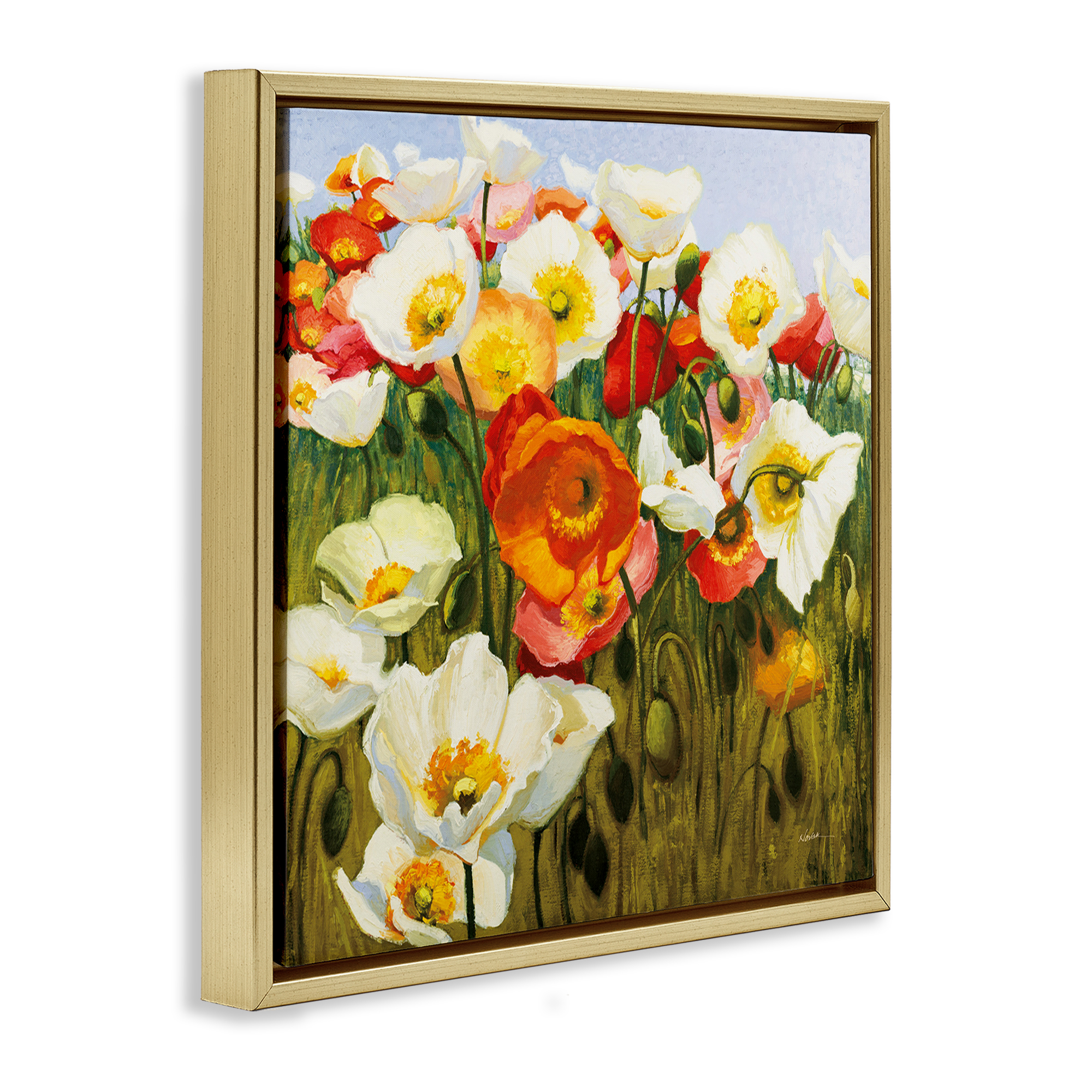 Stupell Industries Lush Poppy Meadow Botanical & Floral Painting Gold Floater Framed Art Print Wall Art, 18 x 18