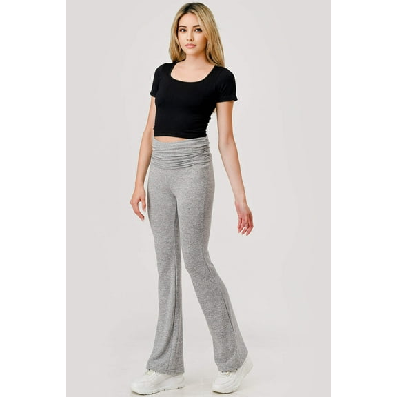 Soft Fleece Lined Fold Over Ruched Waist Flare Pants - Light Heather Gray