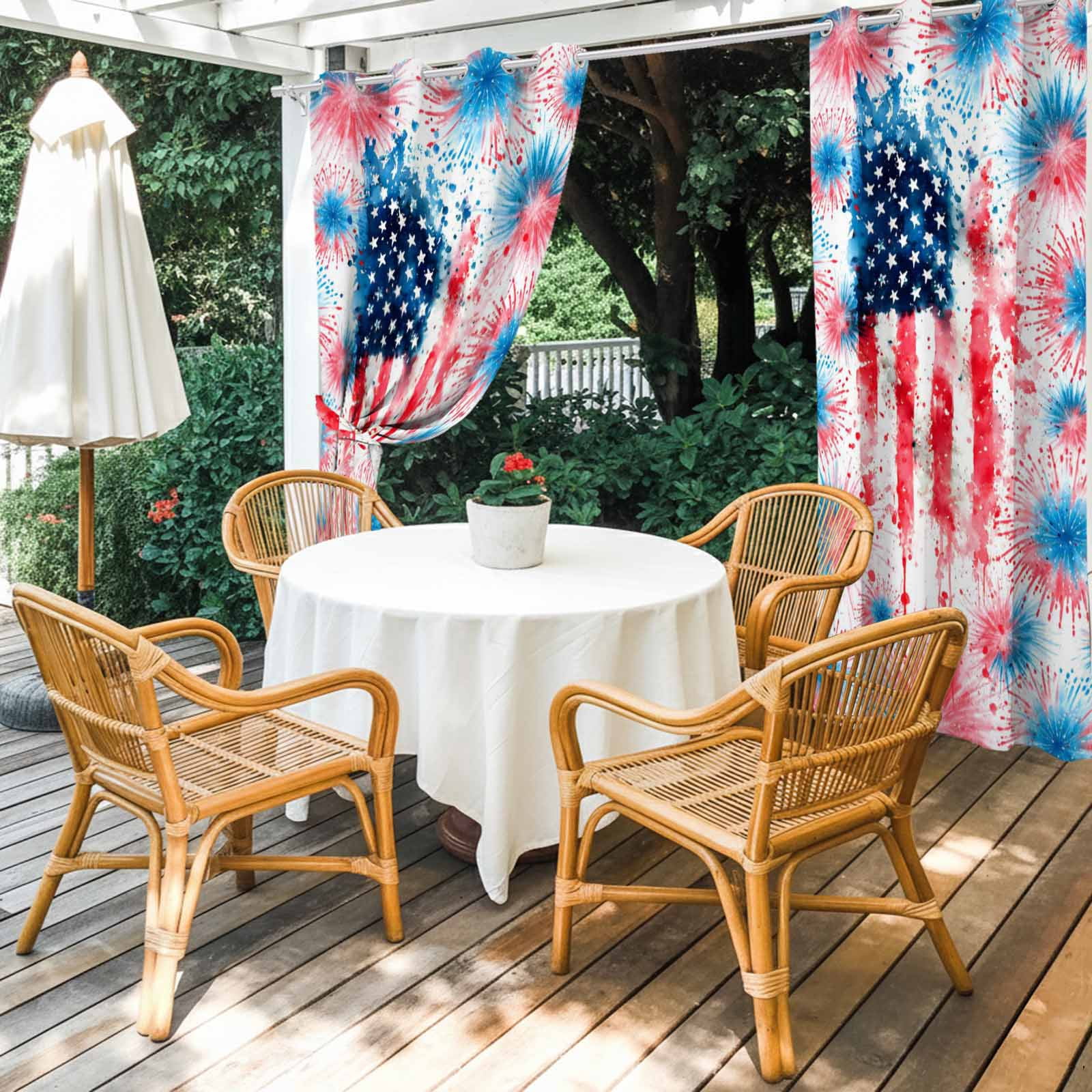 Independence Day Firework Outdoor Curtains for Patio, Abstract American Flag Red Blue Star Sunshade Privacy Drapes Grommet Waterproof Outside Curtains for Porch/Cabana/Balcony 54"x 108", 1 Panel
