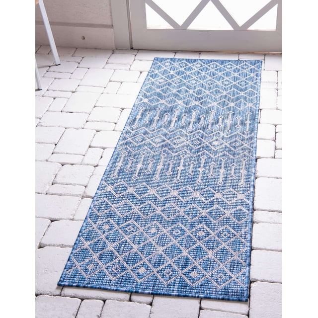 Unique Loom Trellis Collection Tribal Geometric Transitional Indoor and Outdoor Flatweave Runner Rug, 2' x 6', Blue/Ivory
