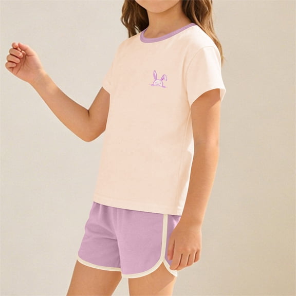 Cethrio Girls Cotton Outfit Sets, Printed Summer Short Sleeve 2 Piece Kids Clothing sets Purple Size 4-5 T