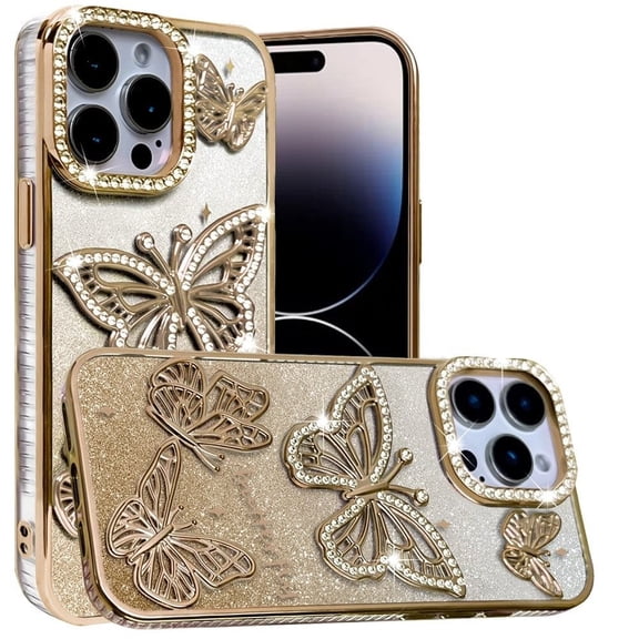 XPM for iPhone 14 Pro Max (6.7") Phone Case, Luxury Butterfly Sparkle Glitter Diamond Crystal Rhinestone Shimmer Bling Plating Thick TPU Hard PC Cover for iPhone 14 Pro Max (Gold)