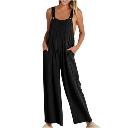 

Womens Solid Wide Leg Jumpsuits Casual Sleeveless Spaghetti Strap Ligheweight Rompers Buttons Pockets Retro Pants