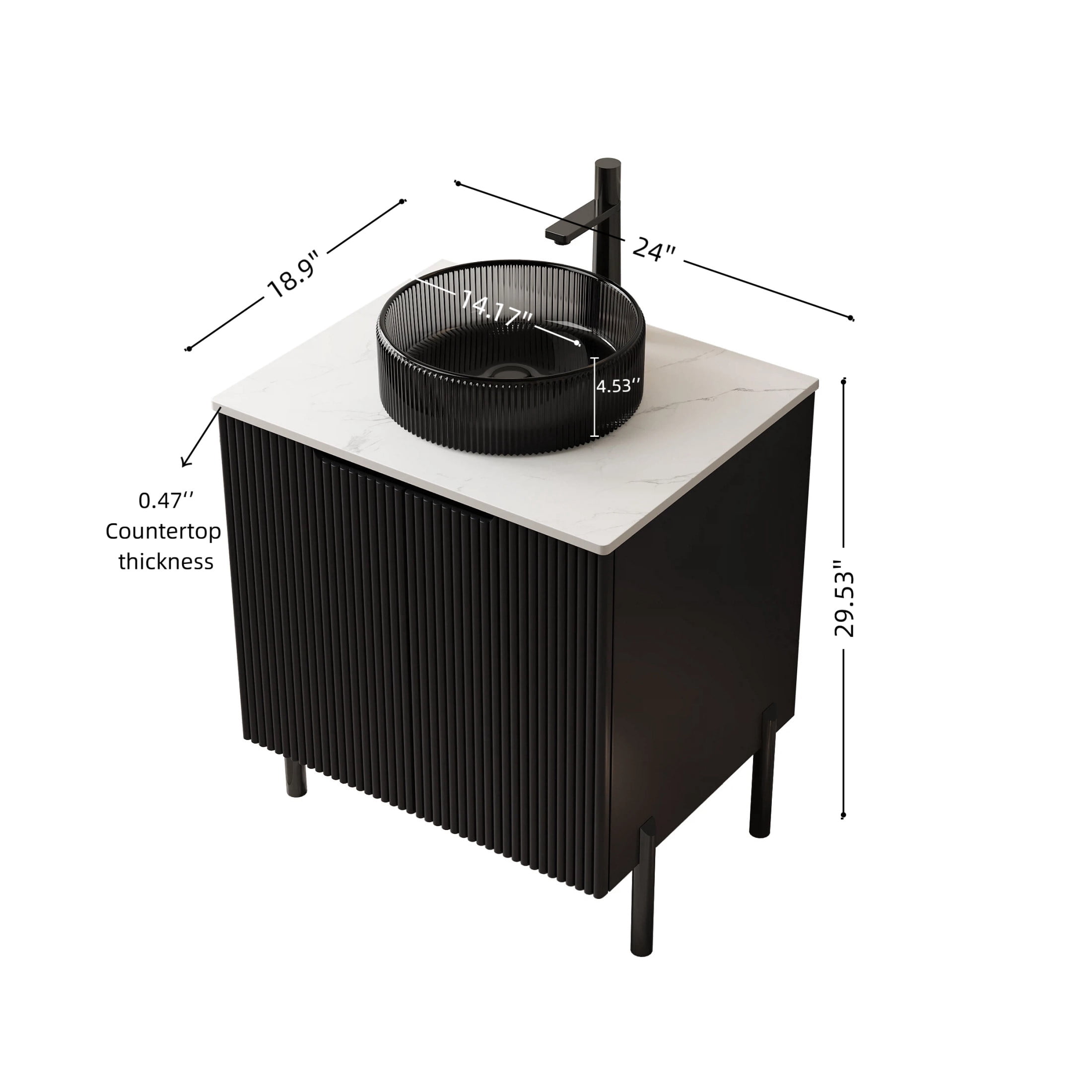 Noble House TURIO 24" Bathroom Vanity with Sintered Stone Countertop, Storage Cabinet, Black Round Basin, Black