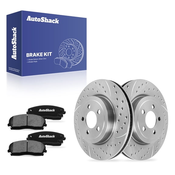 AutoShack Front Vented Drilled & Slotted Silver Zinc Coated Brake Rotors   Ceramic Pads 6-PC Brake Kit Replacement for 2015-2018 Dodge Challenger 2010 Dodge Charger SilverShield Pro 13.58" (345 mm)