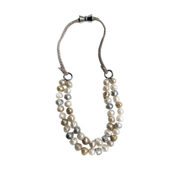 Suzannes Jewelry Duo Necklace Tinted Silver/Gold/White Cultured Pearls Braided Putty Color Cord-Women-Adult
