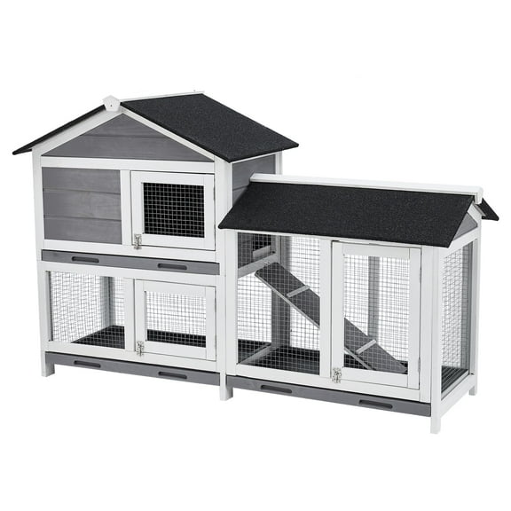 Huisuilinss 63" Rabbit Hutch,2-Tier Rabbit House/Chicken Coop,Wooden Rabbit Cage Indoor/Outdoor,Hen House With Nesting Box,Ramp,3 Leak-Proof Trays,Waterproof Roof For Small To Medium Animals