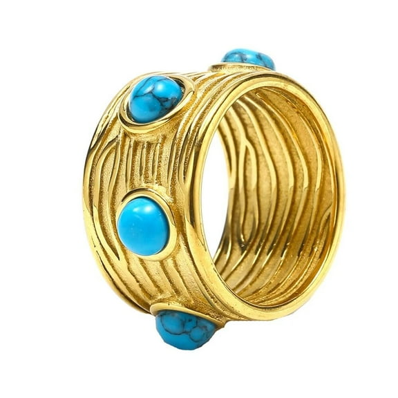 HIJONES Women's Natural Gemstone Turquoise Stainless Steel Statement Ring Band Finger Jewelry Blue Size 8