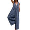 thumbnail image 2 of Womens Denim Jumpsuit Sleeveless Wide Leg Overalls Casual Loose Fit Summer V-Neck Tie Front Jean Romper, XL, 2 of 5