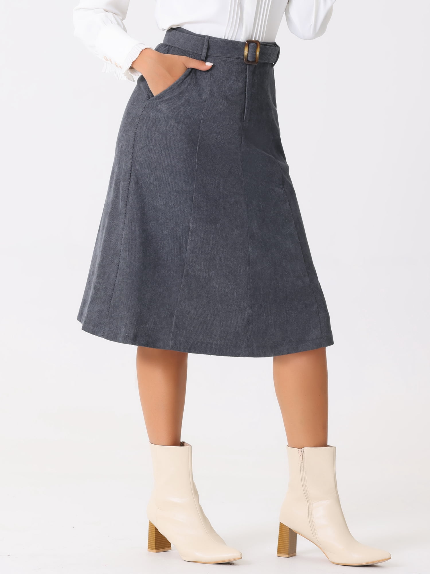 DARING DIVA Women's A-Line Belted Fall Midi Corduroy Skirt L Dark Grey