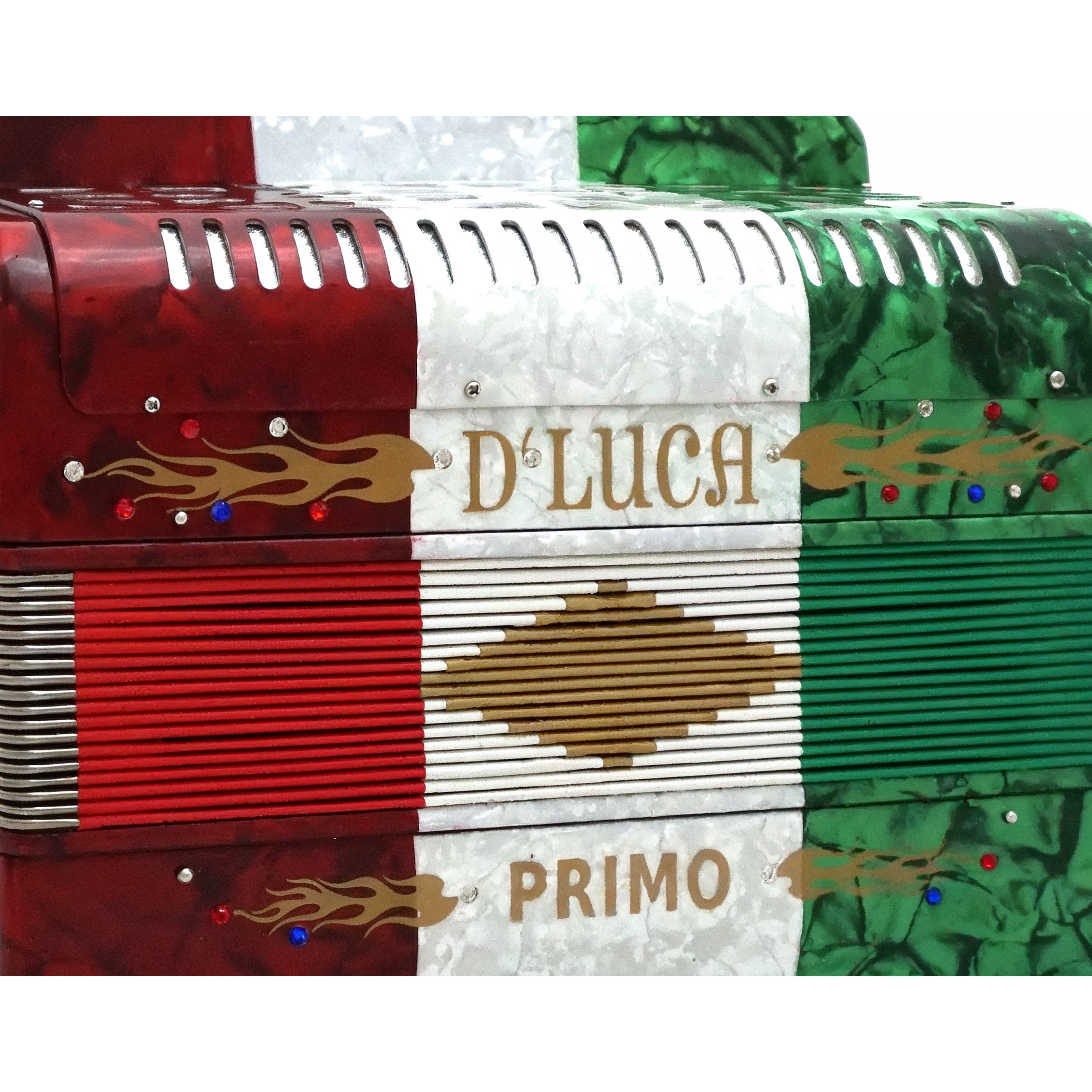 D'Luca Primo Button Accordion 31 Keys 12 Bass on GCF Key with Case and Straps, Red, White, Green