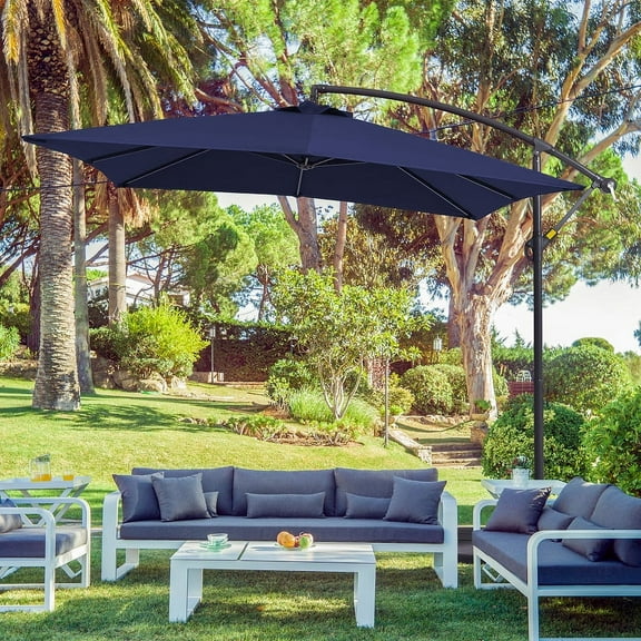 CHYVARY 8.2 x 8.2ft Outdoor Patio Offset Hanging Cantilever Umbrella with a Base for Deck, Poolside and Garden,Navy Blue
