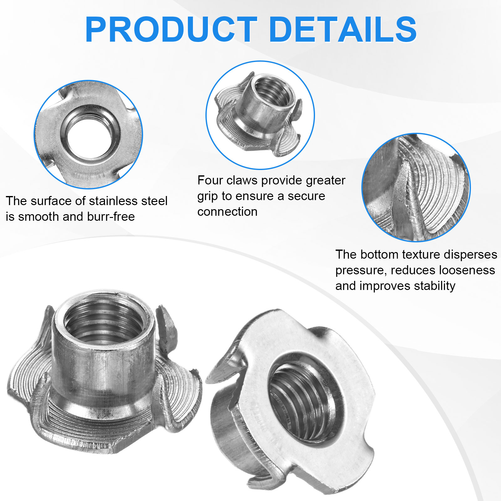 Uxcell 20-Pack M12x13mm T-nut, Stainless Steel 4-Pronged Tee Nut Threaded Insert Corrosion Resistant Fasteners