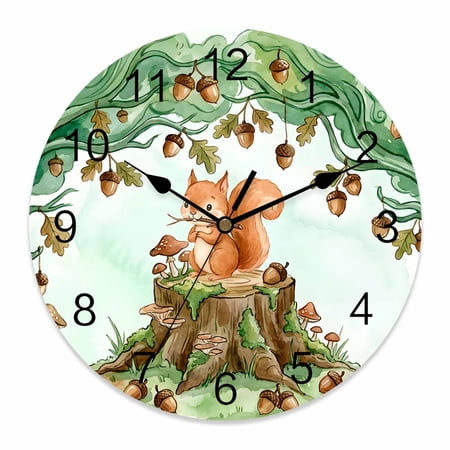 Wall Clock Woodland Squirrel Clocks PVC Silent Non-Ticking Battery Operated Decorative Forest Acorns Mushroom Round Clock for Home Living Room Kitchen Bedroom Office School Wall Decor 14 Inch