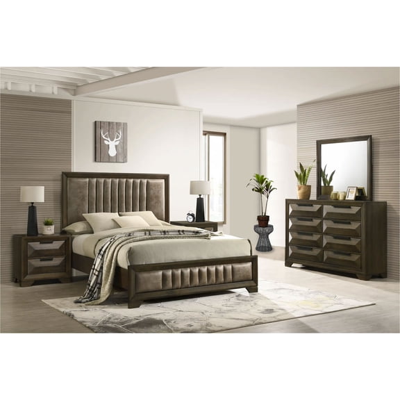 Kings Brand Furniture 5-Piece Premium Bedroom Set in Walnut Wood Finish - Bed Frame with Upholstered Headboard, Dresser, Mirror and 2 Nightstands (King)