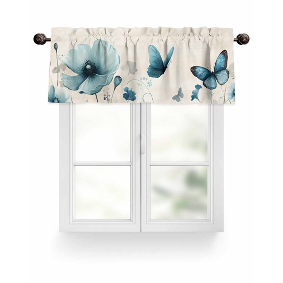 Blue Flowers Butterfly Valances for Windows Watercolor Retro Leaf Pastoral Style Valance Rod Pocket Short Window Treatments Curtains for Kitchen Bathroom Living Room Bedroom, 60 x 18 Inch