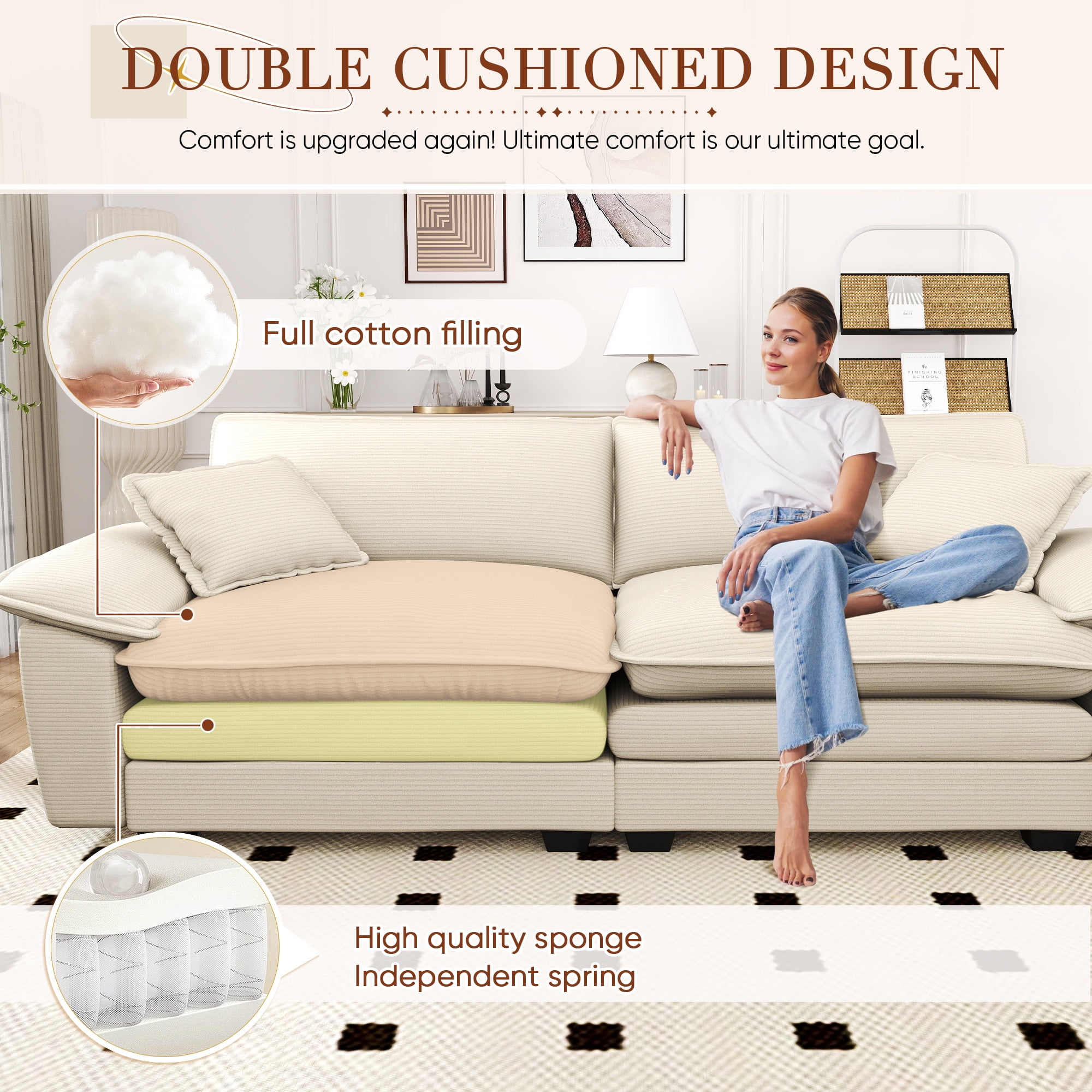 Lunale 80.5" Oversized 2 Seater Corduroy Sofa, Deep Seat Sleeper Cloud Couch for Living Room, Beige