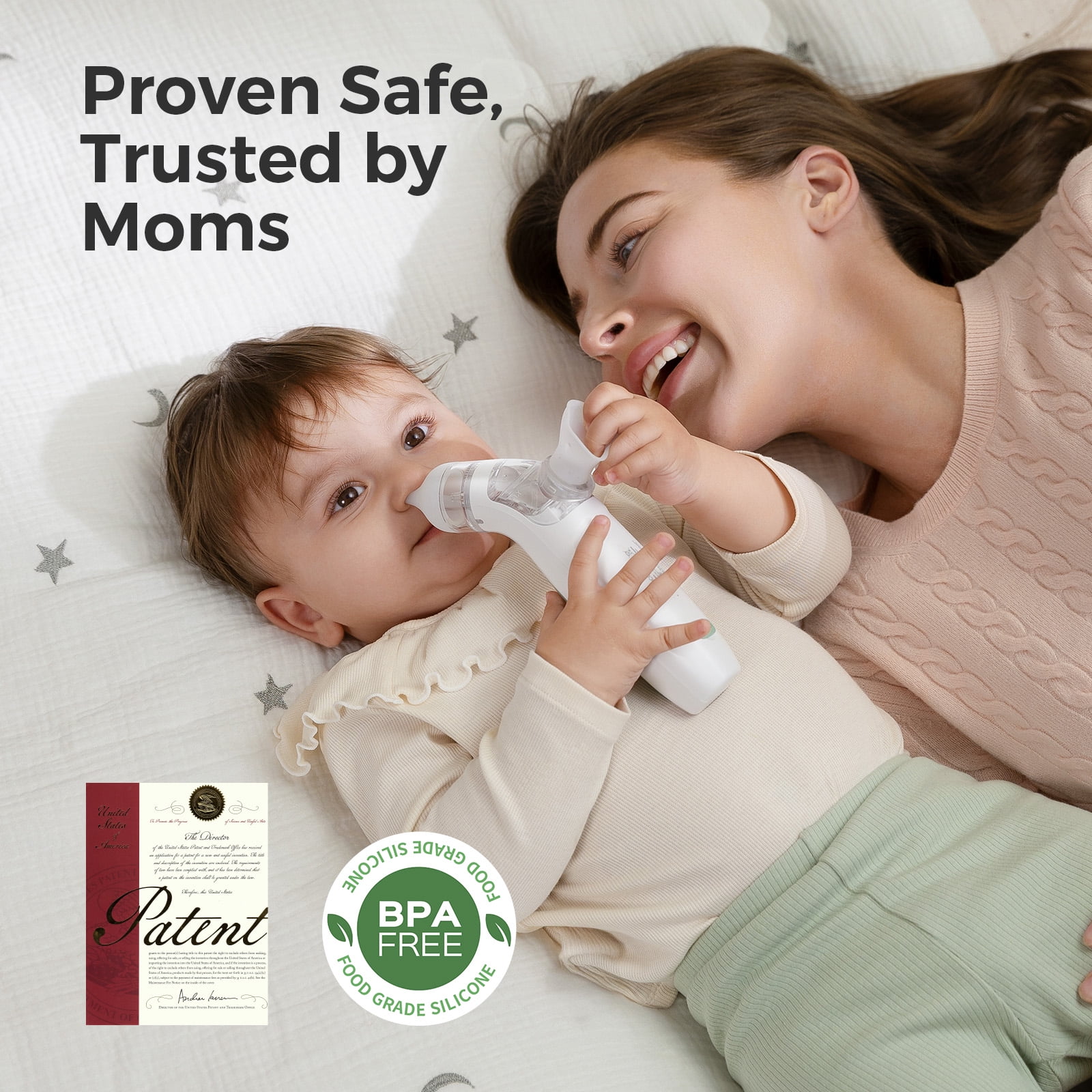 Momcozy BreezyClear™ 2-in-1 Electric Nasal Aspirator with Spray, Nasal Aspirator for Baby, 65kPa Nose Sucker with 4 Adjustable Suction Levels, Portable Electric Nose Cleaner, Light & Music Soothing