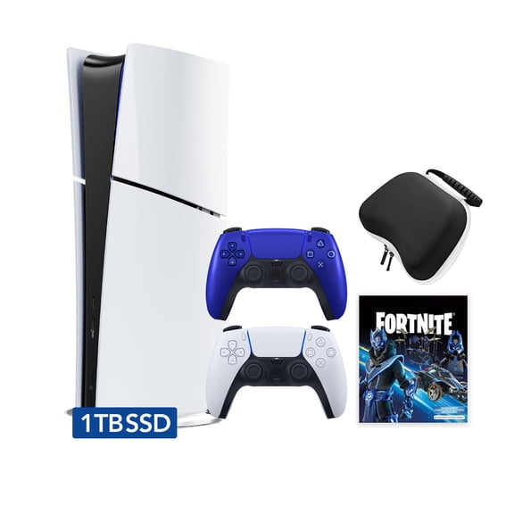 PlayStation 5 Slim Digital 1TB SSD Fortnite Cobalt Star Console with Two Controllers, White and Cobalt Blue DualSense and Hard Shell Protective Controller Case - PS5 Slim Digital Console