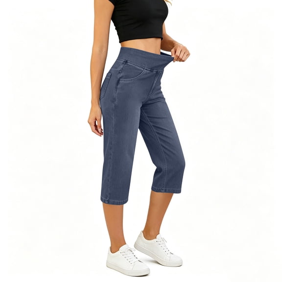ShomPort Denim Capris for Women Pull on Cropped High Waisted Loose Leg Stretchy Capri Pants with Pockets