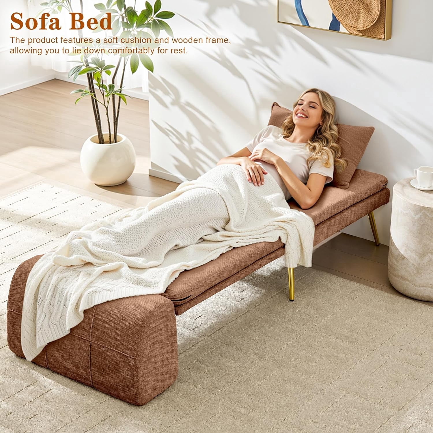 Akaber 3-in-1 Futon Sofa Bed, Chenille Sleeper Chair with Back Support & Pillow, Wood Frame, Metal Legs