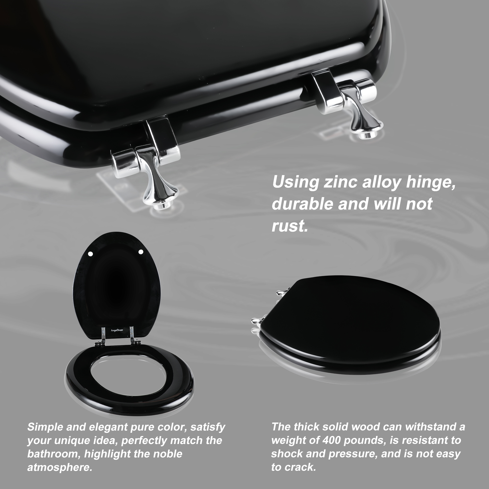 Angol Shiold Wood Elongated Toilet Seat, Black Toilet Seat, Easy Clean, Metal Hinges ( Elongated 18.5'', Black )