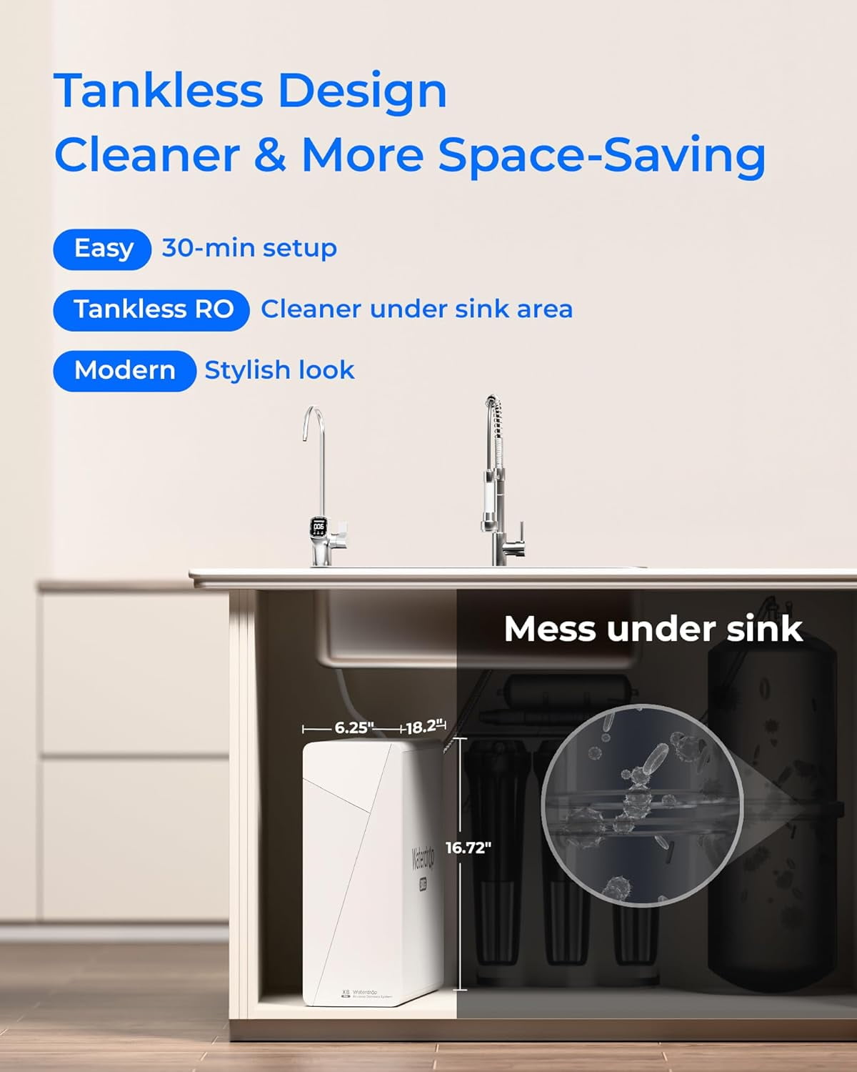 [ Dual Flow] Waterdrop X8-PRO Reverse Osmosis Water Filter, NSF/ANSI 42&58&372 Certified, 800 GPD Tankless Reverse Osmosis System, 9-Stage RO Water Filtration System, Smart Faucet, BPA Free