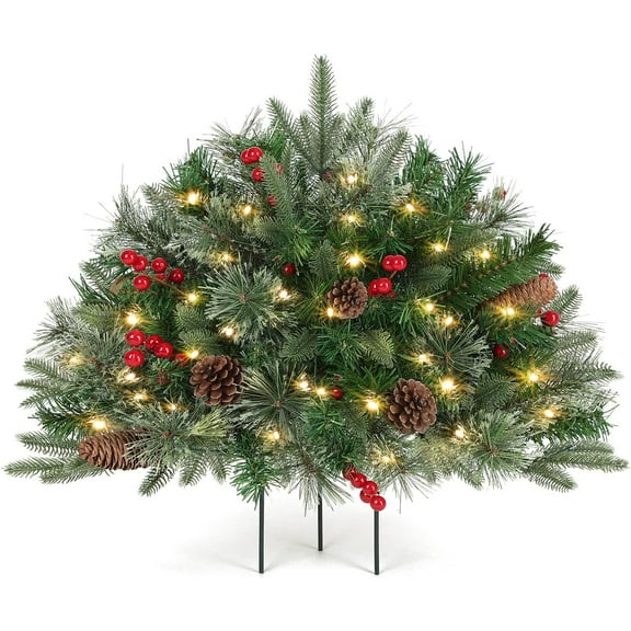 Outdoor Christmas Tree Frosted Urn Filler, Pre-lit Artificial Xmas Tree with LED Lights, 18 Inch Small Christmas Tree with Cones & Red Berries